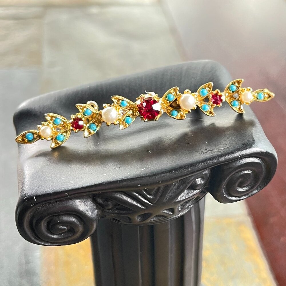 Vintage Coro Pin Brooch Ruby Teal and White on Faux Gold